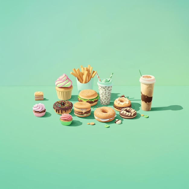 Photo there are many different types of food and drinks on the table generative ai