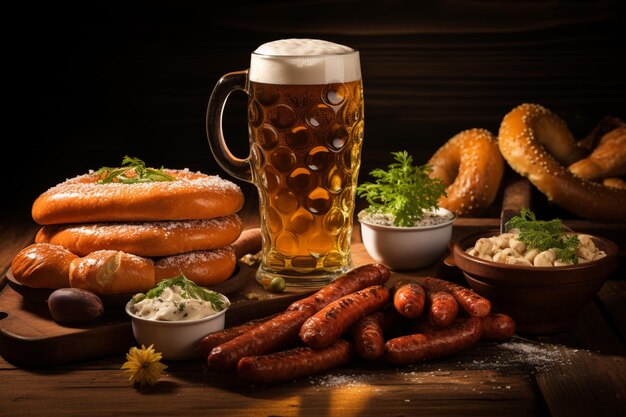 there are many different types of food on a table with a beer generative ai