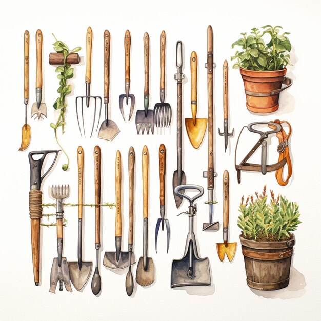 Photo there are many different types of gardening tools and tools on this picture generative ai