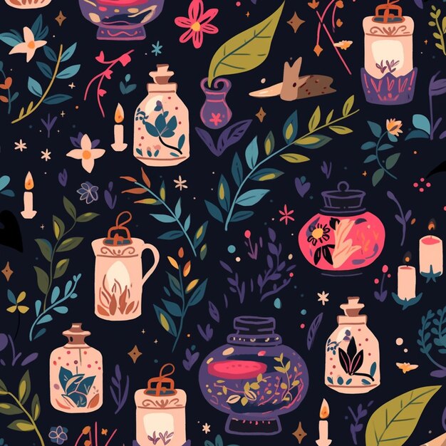 there are many different types of jars and candles on this dark background generative ai