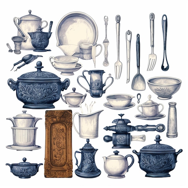 Photo there are many different types of kitchen utensils and bowls generative ai