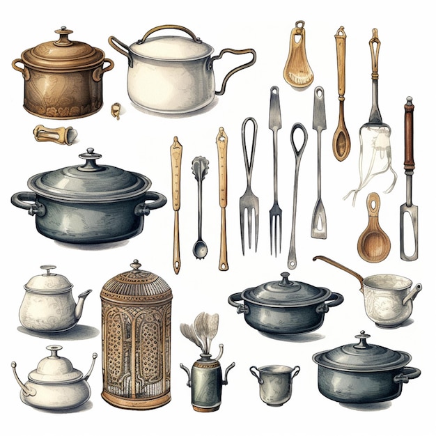 Photo there are many different types of kitchen utensils and cooking utensils generative ai