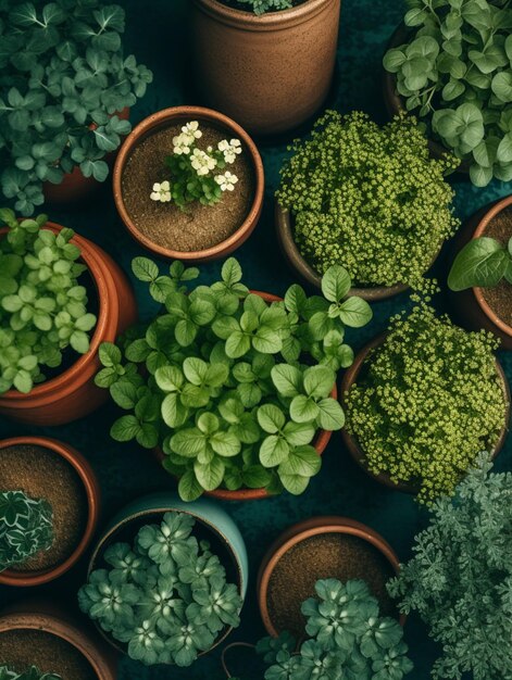 写真 there are many different types of plants in the pots generative ai