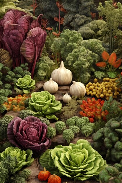 Фото Есть много различных типов овощей и фруктов на земле генеративный ai