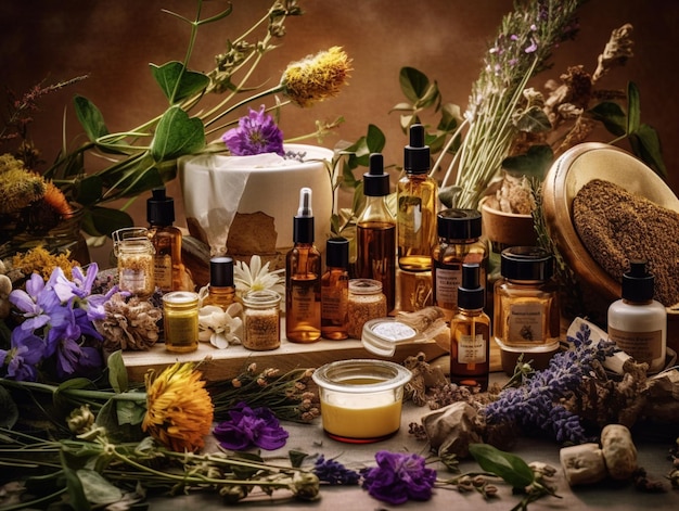 there are many different types of oils and flowers on a table generative ai