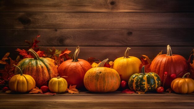 There are many different types of pumpkins and gourds on the table generative ai