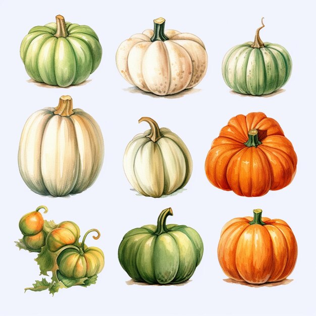 Photo there are many different types of pumpkins on the white background generative ai