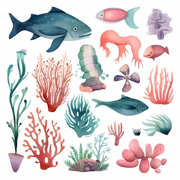 There are many different types of sea life on this white background generative ai