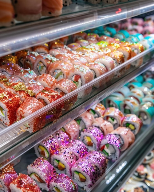 there are many different types of sushi in the display case generative ai