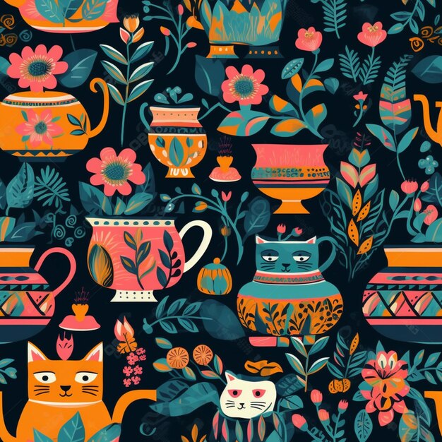 There are many different types of tea cups and cats on this pattern generative ai