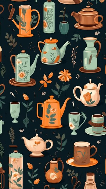 there are many different types of teapots and cups on this table generative ai
