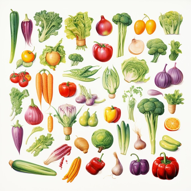 there are many different types of vegetables and fruits on this picture generativ ai