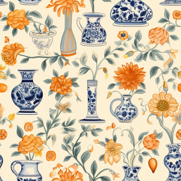 Photo there are many different vases and flowers on this wallpaper generative ai