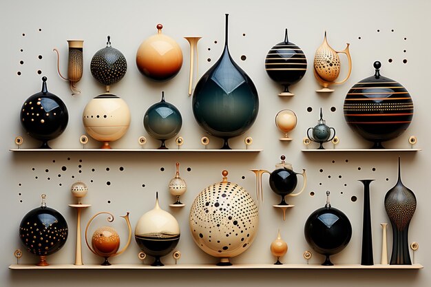 Photo there are many different vases on the shelves on the wall generative ai