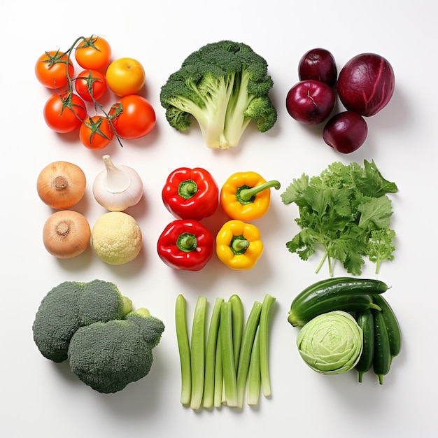 色々な野菜や果物が 白い表面に並んでいます