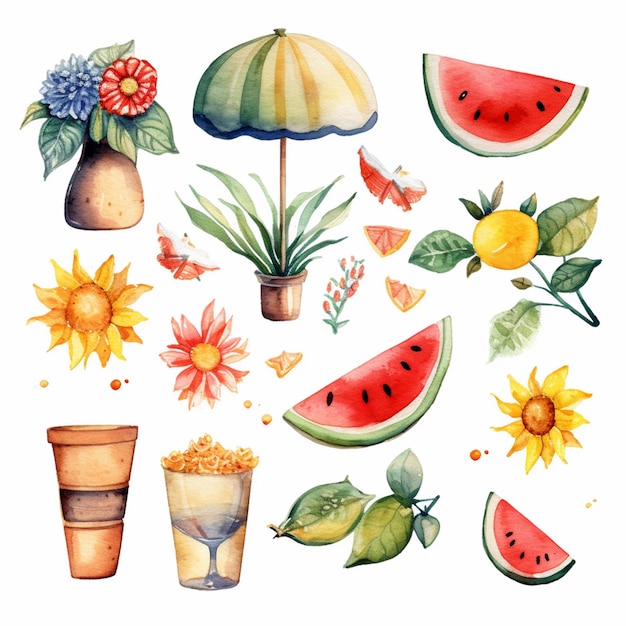 there are many different watercolor illustrations of flowers and fruit generative ai