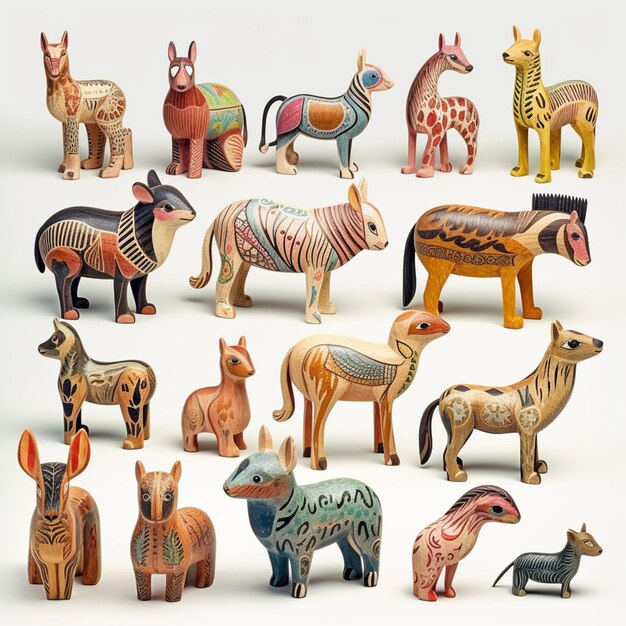 Photo there are many different wooden animals that are on display generative ai