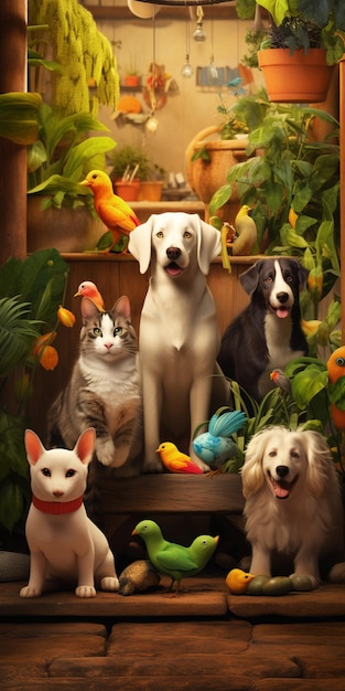 Фото Есть много собак и кошек, сидящих на деревянной скамейке.