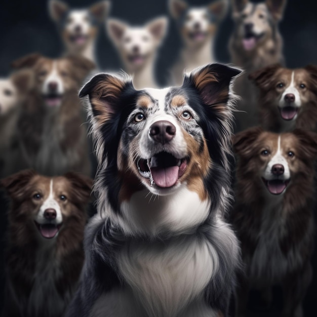 There are many dogs that are standing together in the dark generative ai