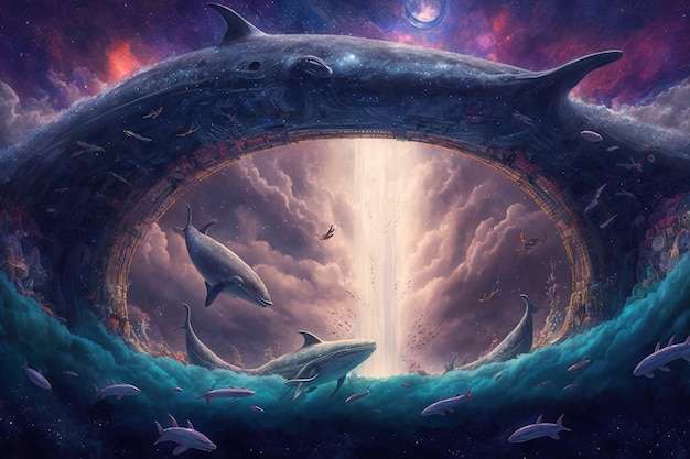 there are many dolphins swimming in the ocean with a sky background generative ai