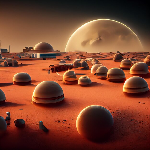 There are many domes in the desert with a moon in the background generative ai