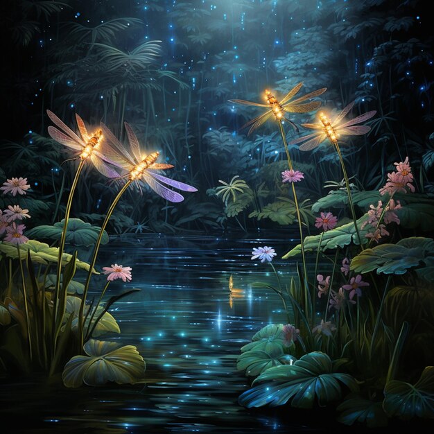 Photo there are many dragonflies flying over a pond at night generative ai