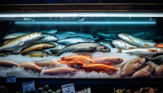 There are many fish in the display case of a fish market generative ai