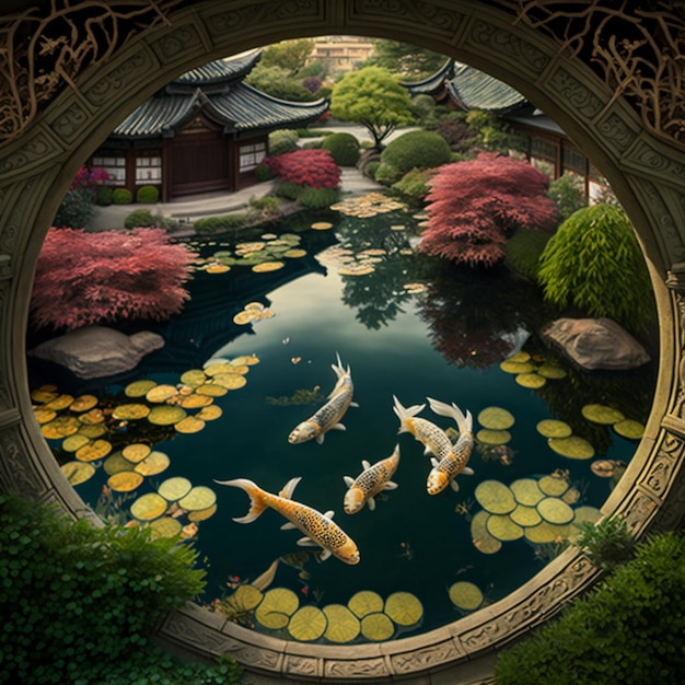 There are many fish swimming in the pond of a japanese garden generative ai