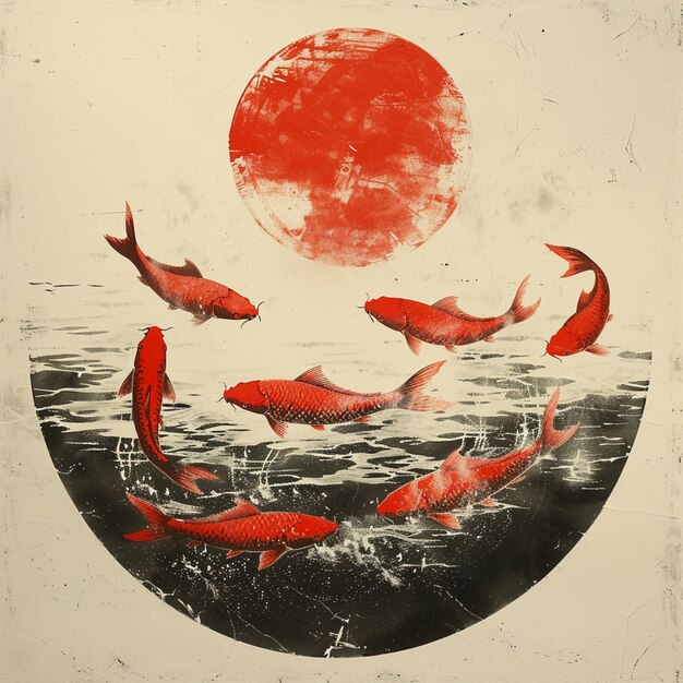 Photo there are many fish swimming in the water under a red moon generative ai