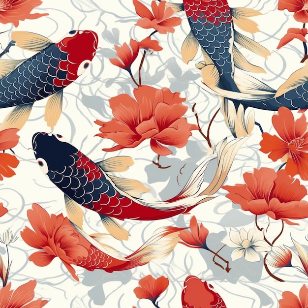 There are many fish swimming in the water with red flowers generative ai