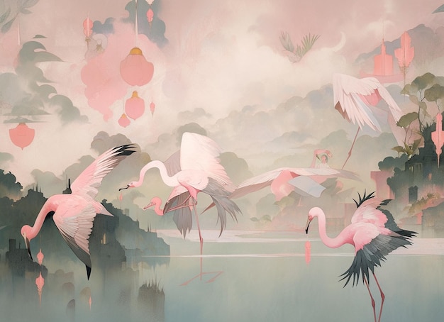 Есть много фламинго, летающих по воде и на берегу.