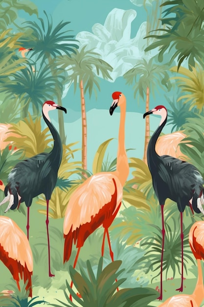 there are many flamingos standing in the grass near the trees generative ai