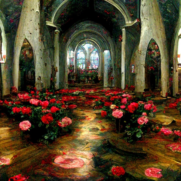 Есть много цветов в середине церкви с витражем генеративный ай