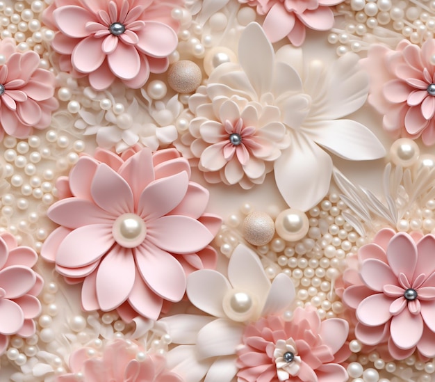 Foto ci sono molti fiori e perle su una torta con perle generative ai