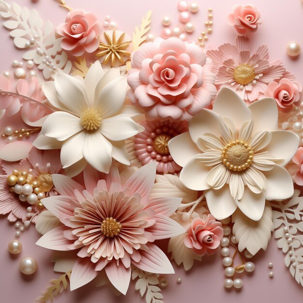 there are many flowers and pearls on a pink surface generative ai