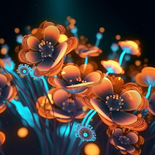 Photo there are many flowers that are glowing in the dark generative ai