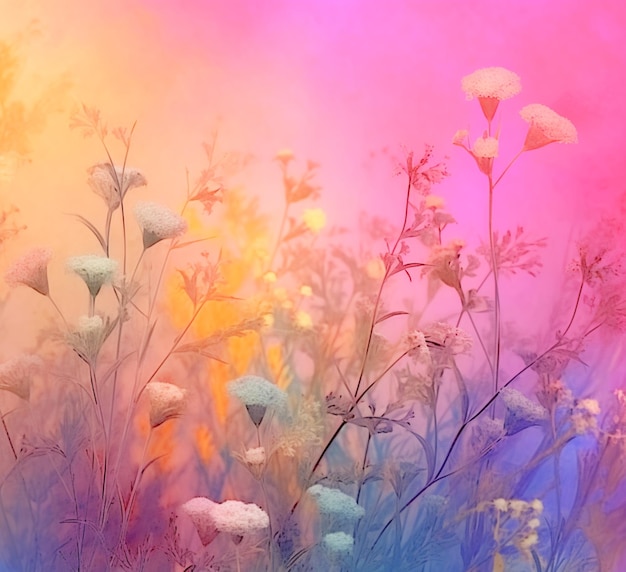 there are many flowers that are in the grass with a rainbow background generative ai
