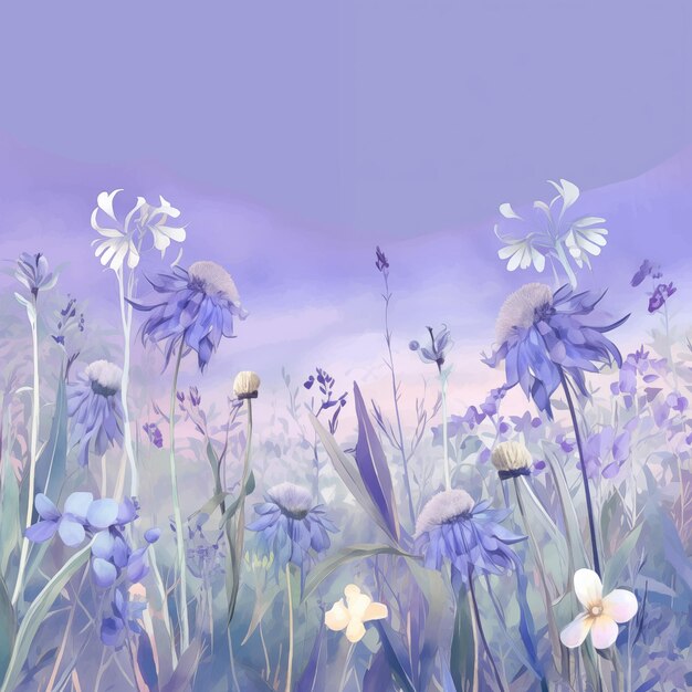 There are many flowers that are in the grass with a sky background generative ai