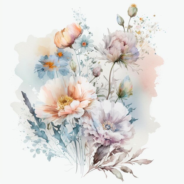 There are many flowers that are painted on a white background generative ai