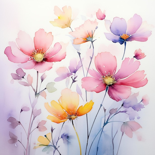 There are many flowers that are painted on a white background generative ai