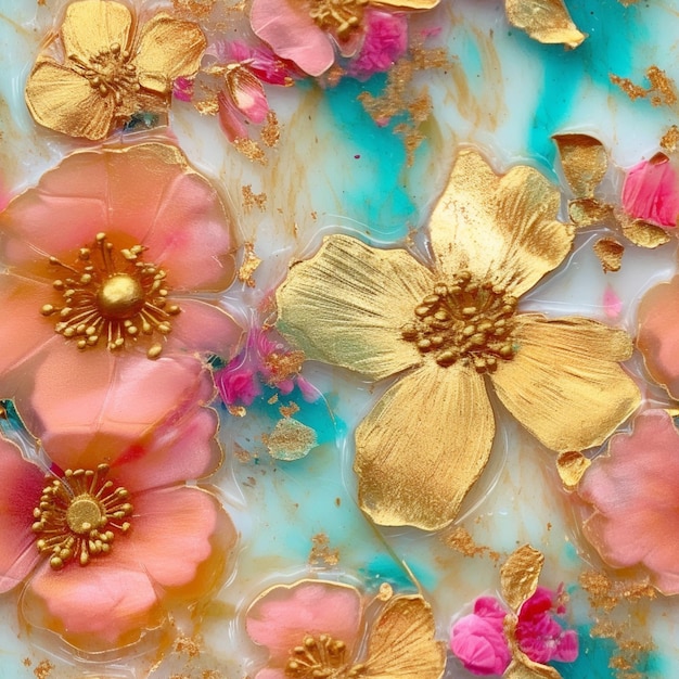 there are many flowers that are on a plate with gold leaf generative ai