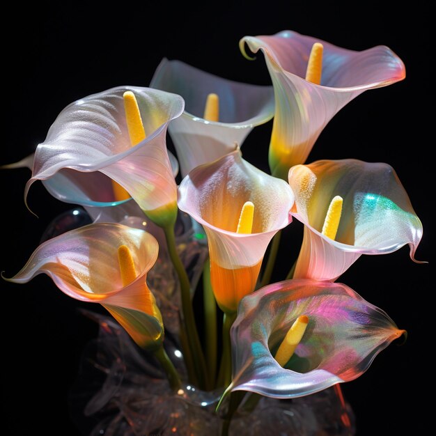 there are many flowers in a vase with a black background generative ai