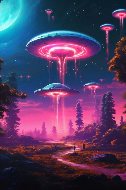 There are many flying saucers in the sky above a forest generative ai