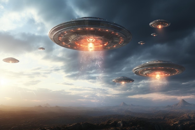 there are many flying saucers in the sky above a mountain generative ai