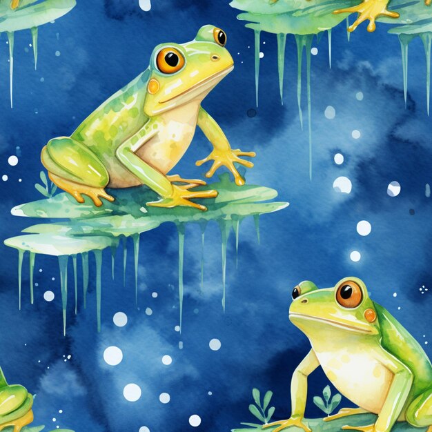 There are many frogs that are sitting on the leaves generative ai