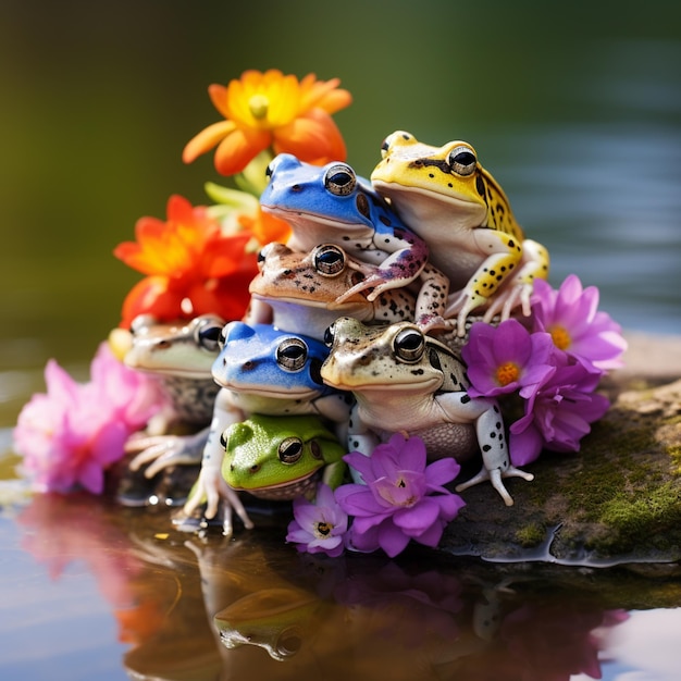 Photo there are many frogs that are sitting on a rock in the water generative ai