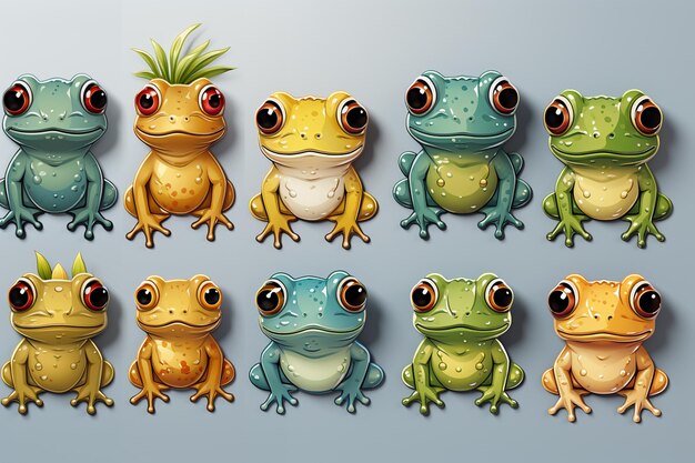 Photo there are many frogs that are sitting together in a row generative ai