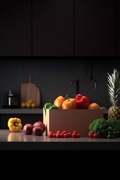 Фото На прилавке на кухне много фруктов и овощей.