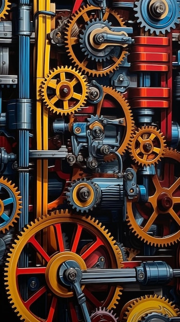 there are many gears and wheels on a wall of a building generative ai