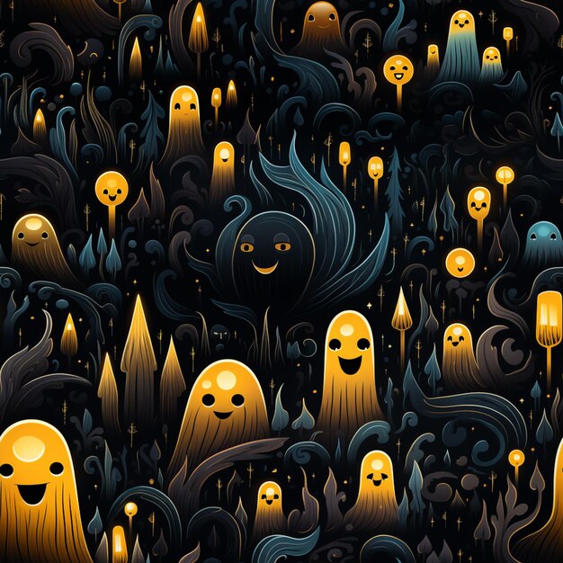 there are many ghosts in the dark with yellow lights generative ai